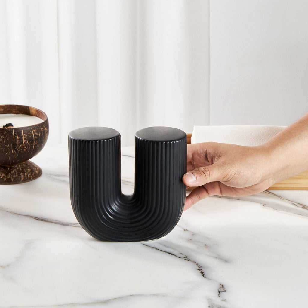 Table Art Black Ceramic U-Shaped Vase - 5 3/4'' x 2 3/4'' x 5 1/2'' - 1 count box