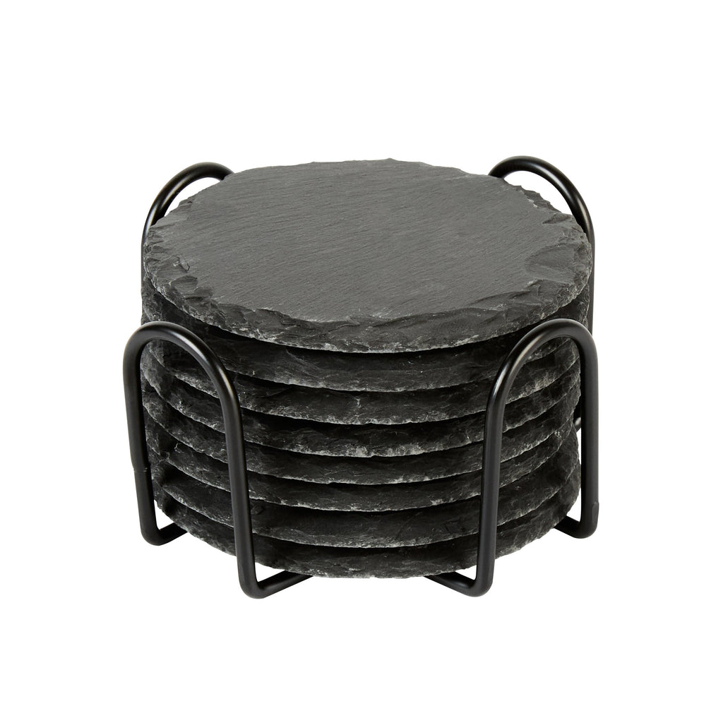 Stone Tek Round Black Slate Coaster - with Iron Holder - 4" x 4" - 1 count box