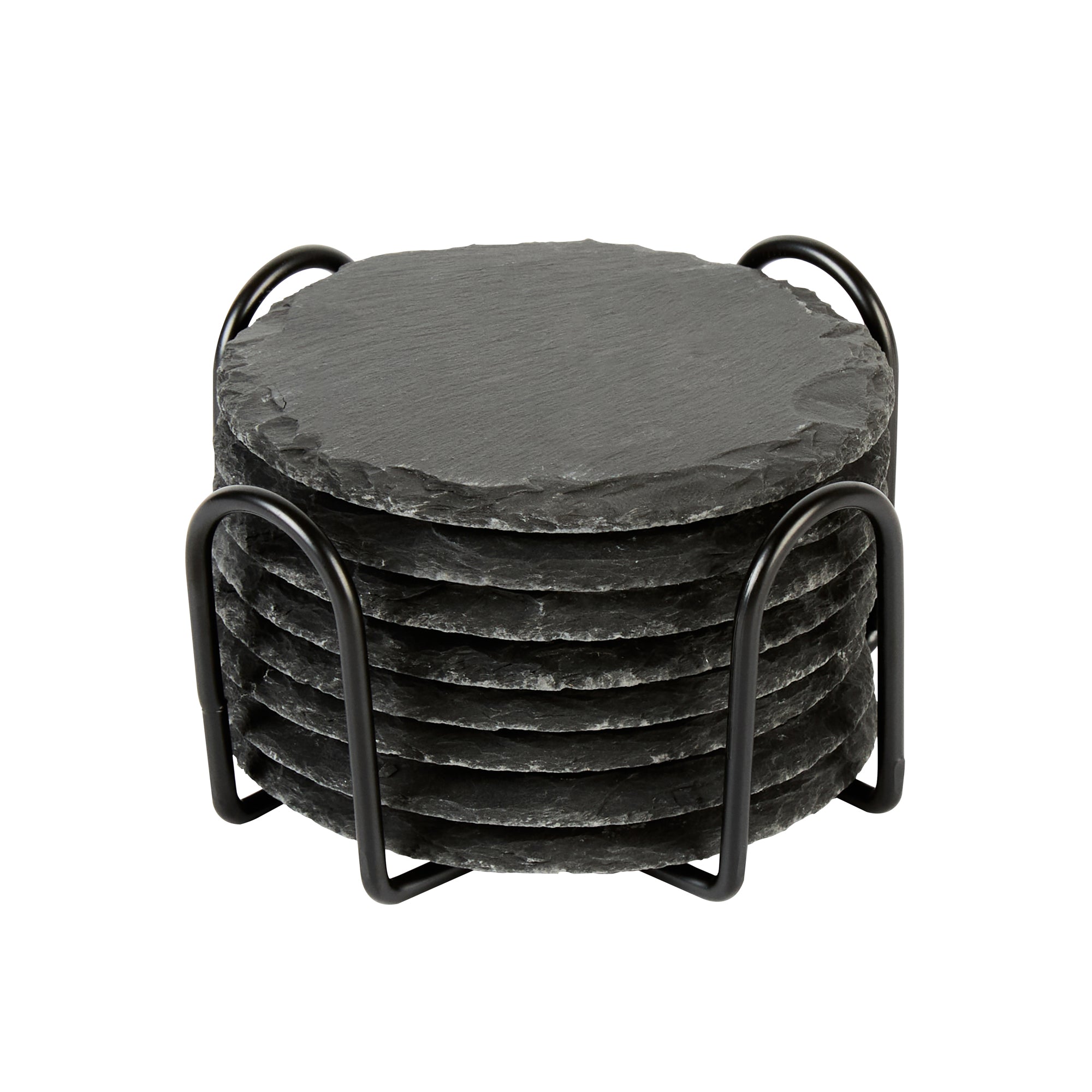 Stone Tek Round Black Slate Coaster - with Iron Holder - 4" x 4" - 1 count box