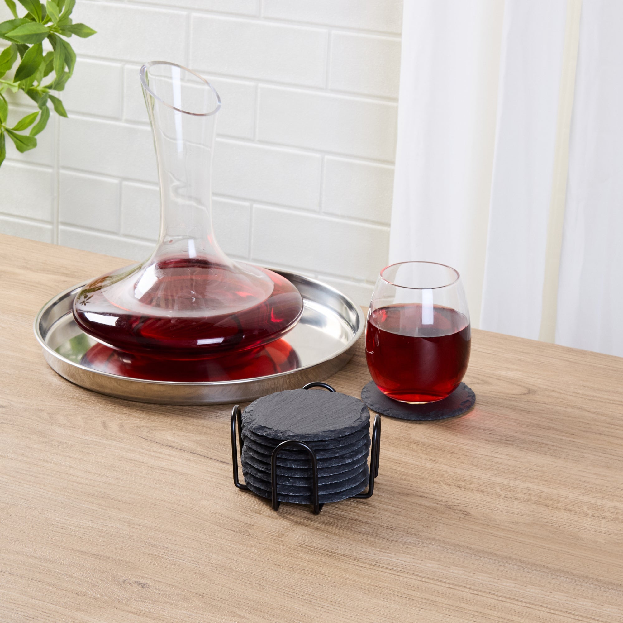 Stone Tek Round Black Slate Coaster - with Iron Holder - 4" x 4" - 1 count box