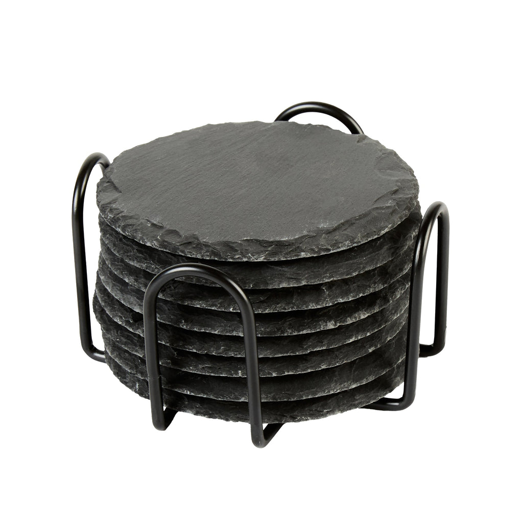 Stone Tek Round Black Slate Coaster - with Iron Holder - 4" x 4" - 1 count box