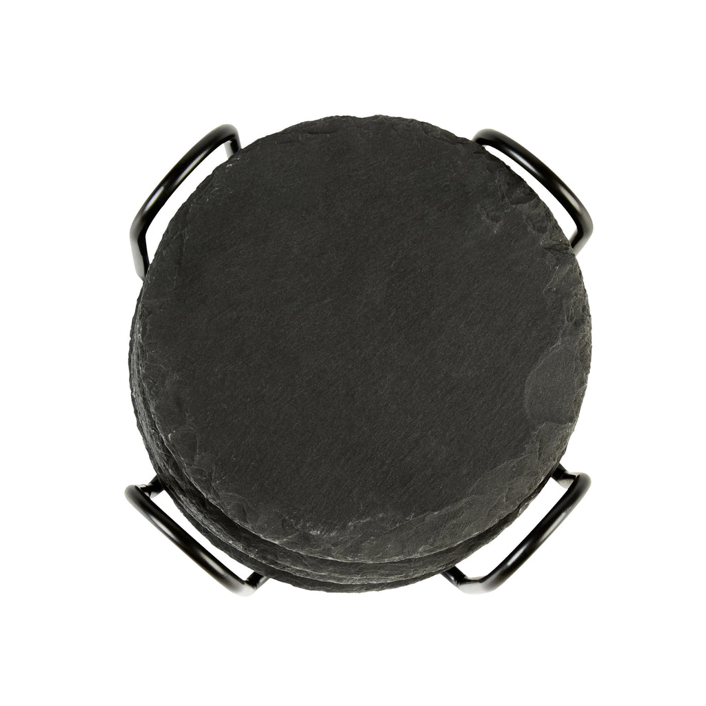Stone Tek Round Black Slate Coaster - with Iron Holder - 4" x 4" - 1 count box
