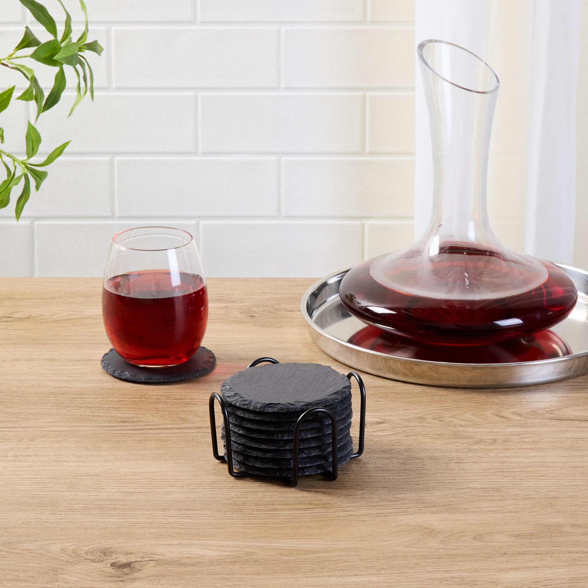 Stone Tek Round Black Slate Coaster - with Iron Holder - 4" x 4" - 1 count box