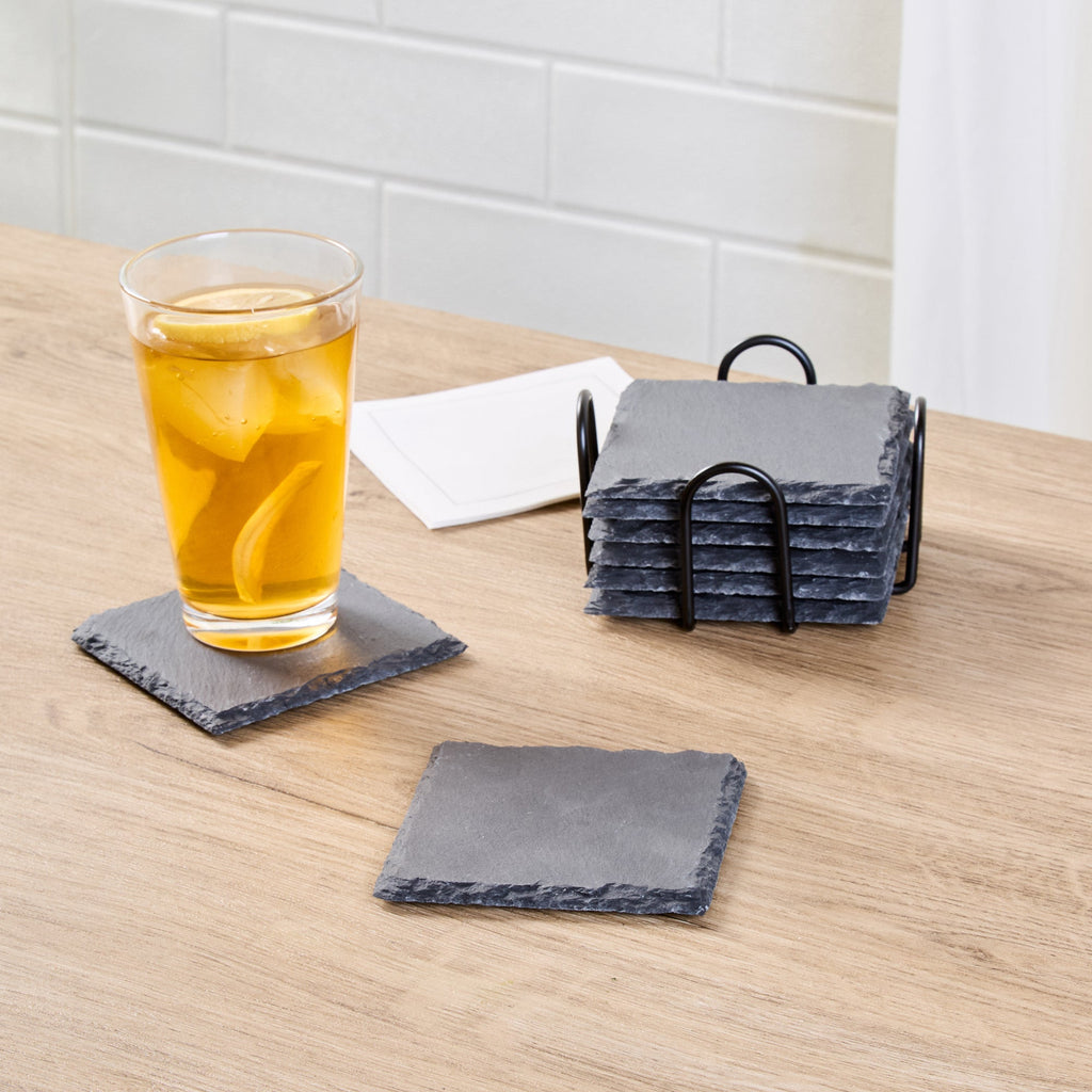 Stone Tek Square Black Slate Coaster - with Iron Holder - 4" x 4" - 1 count box