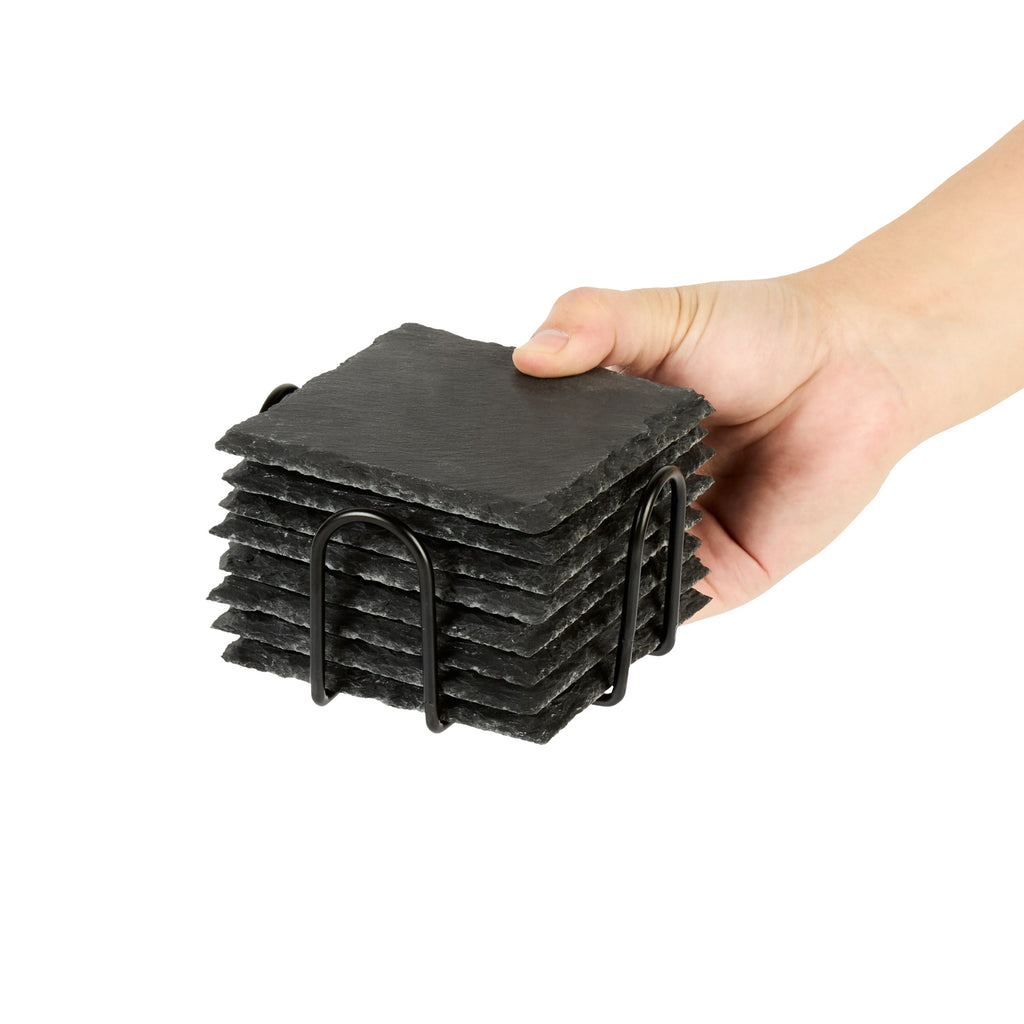 Stone Tek Square Black Slate Coaster - with Iron Holder - 4" x 4" - 1 count box