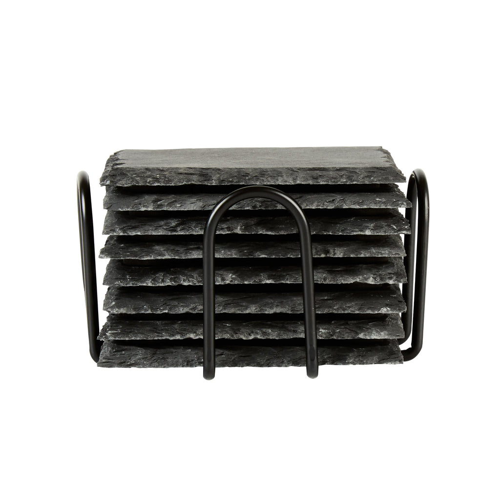 Stone Tek Square Black Slate Coaster - with Iron Holder - 4" x 4" - 1 count box