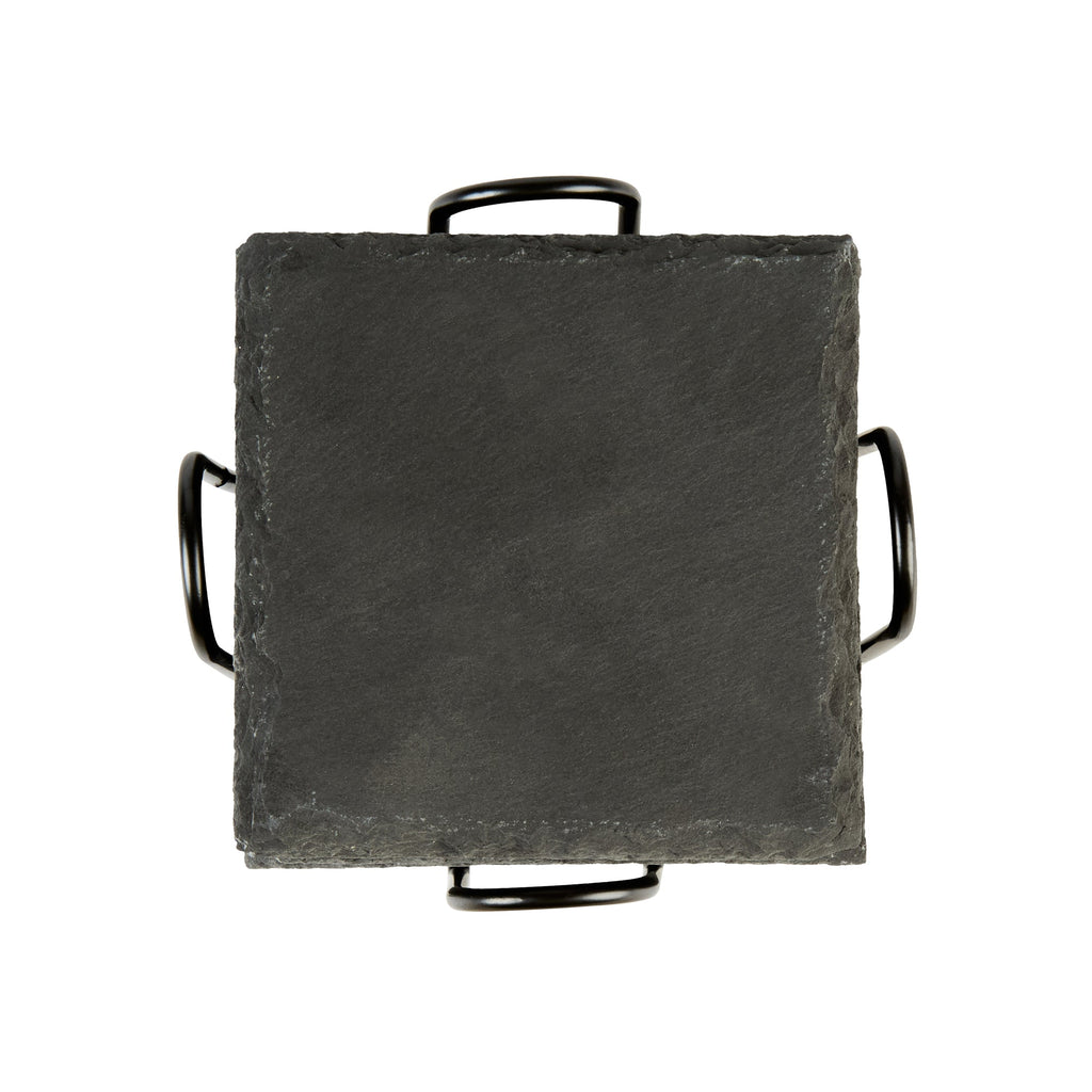 Stone Tek Square Black Slate Coaster - with Iron Holder - 4" x 4" - 1 count box