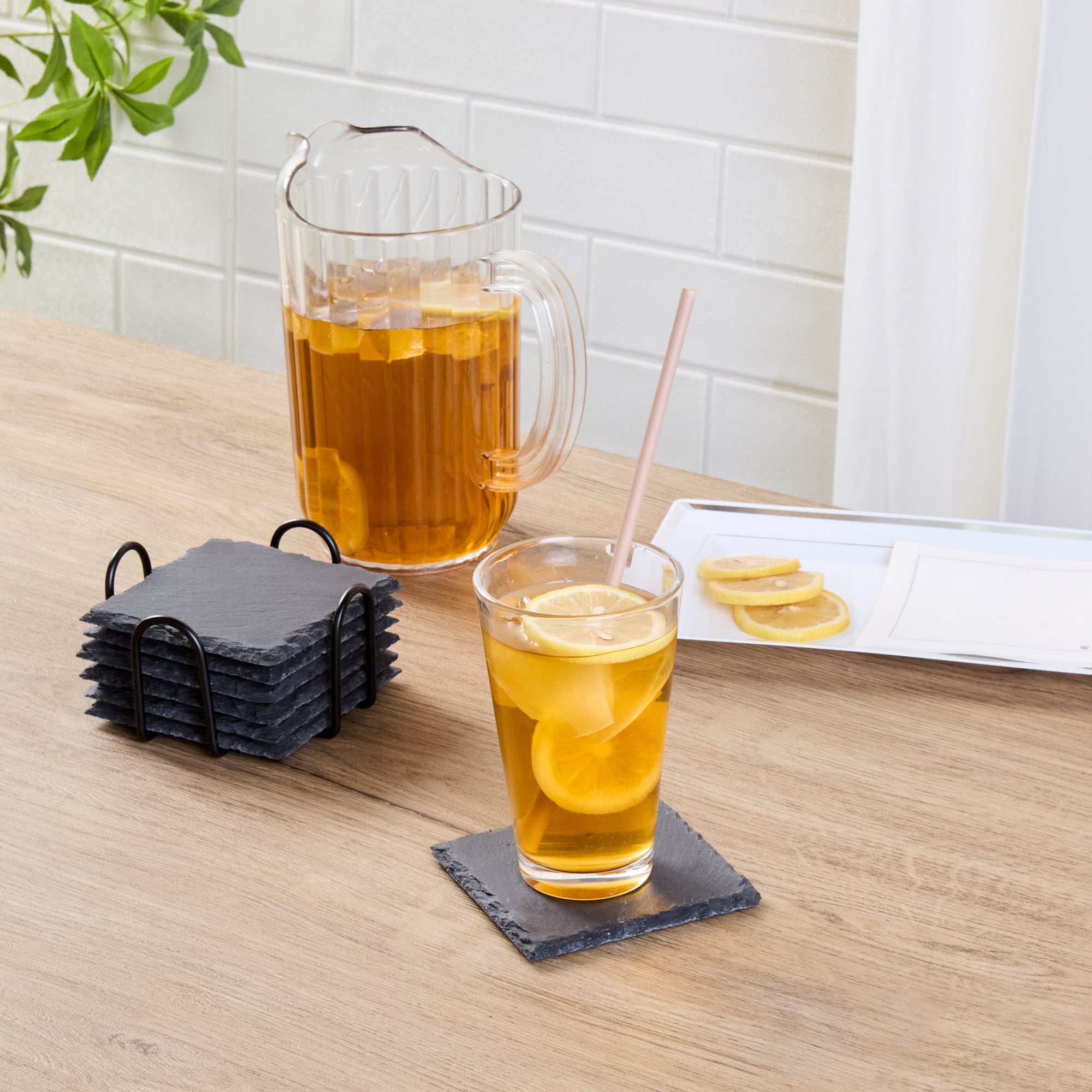 Stone Tek Square Black Slate Coaster - with Iron Holder - 4" x 4" - 1 count box