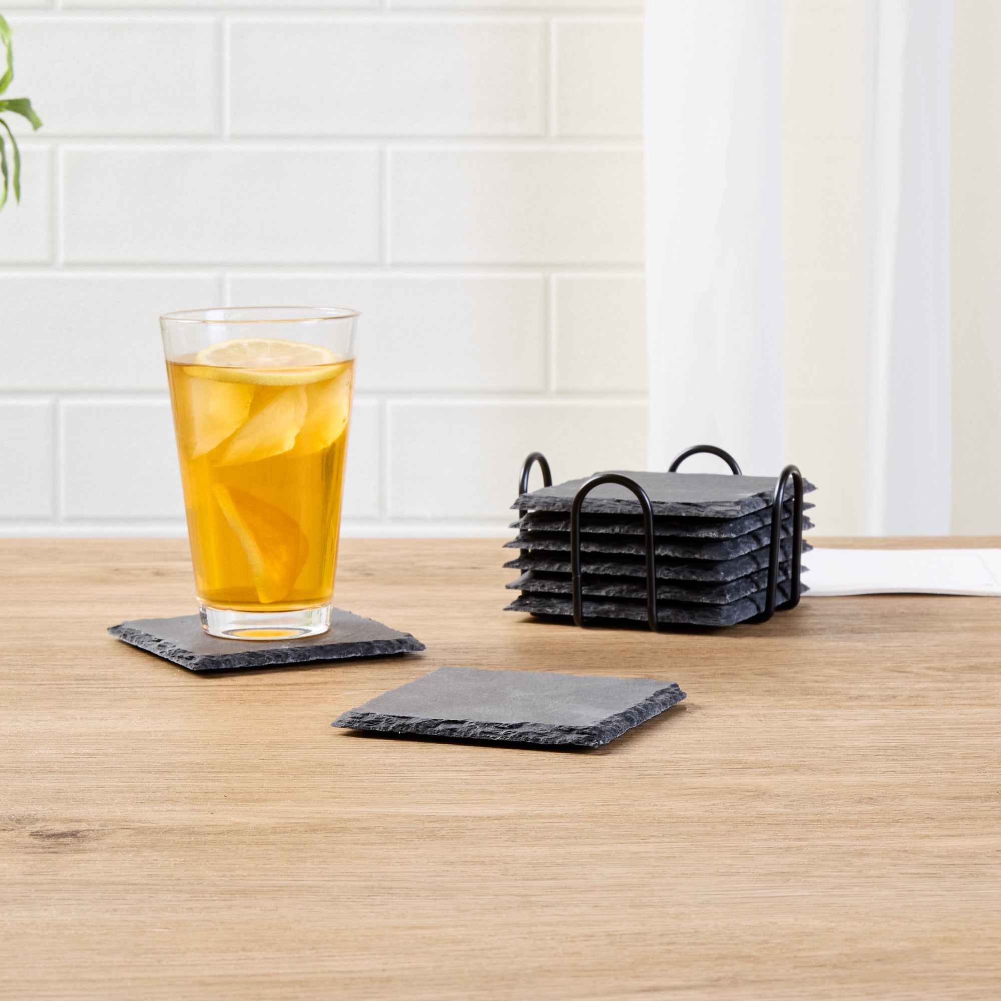 Stone Tek Square Black Slate Coaster - with Iron Holder - 4" x 4" - 1 count box