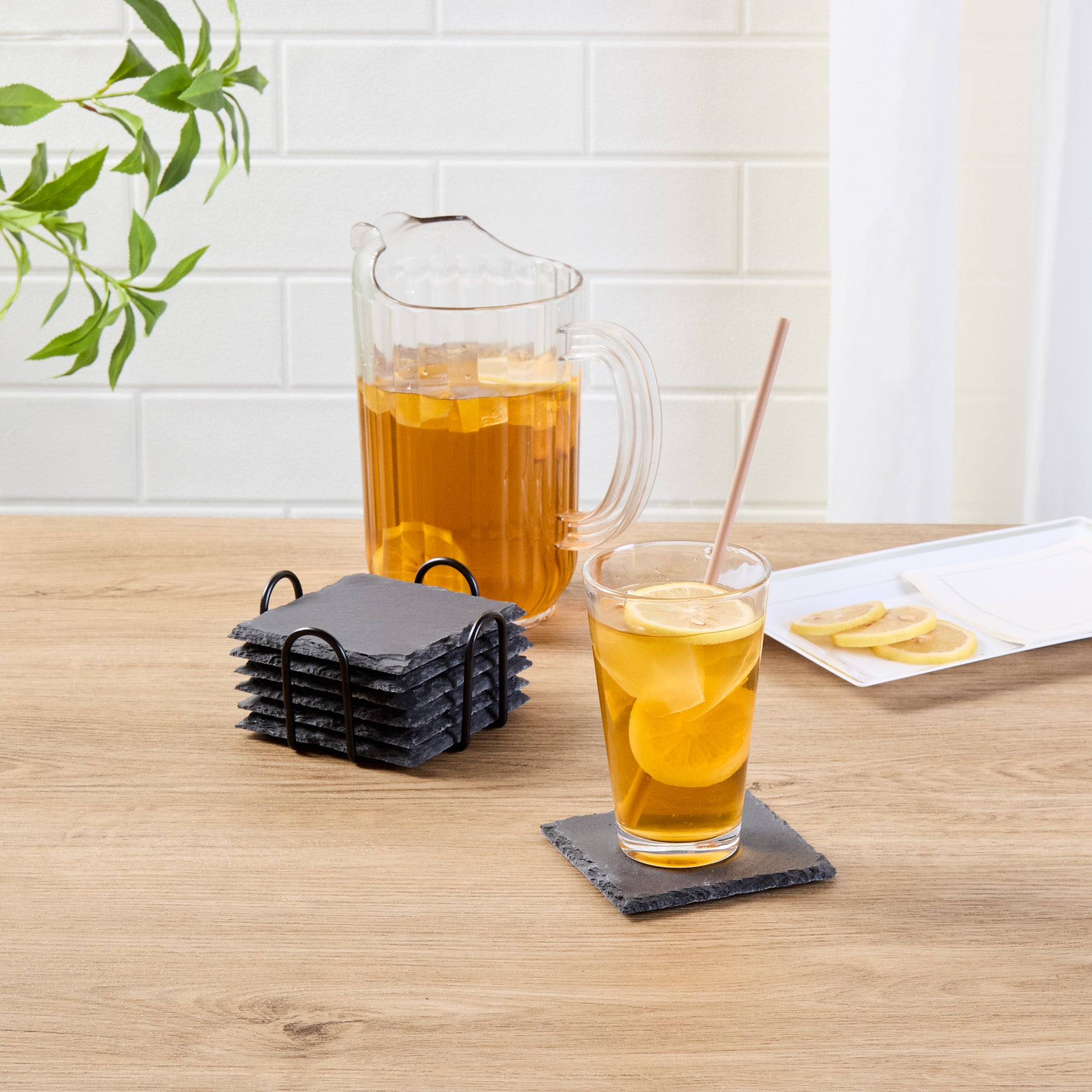 Stone Tek Square Black Slate Coaster - with Iron Holder - 4" x 4" - 1 count box