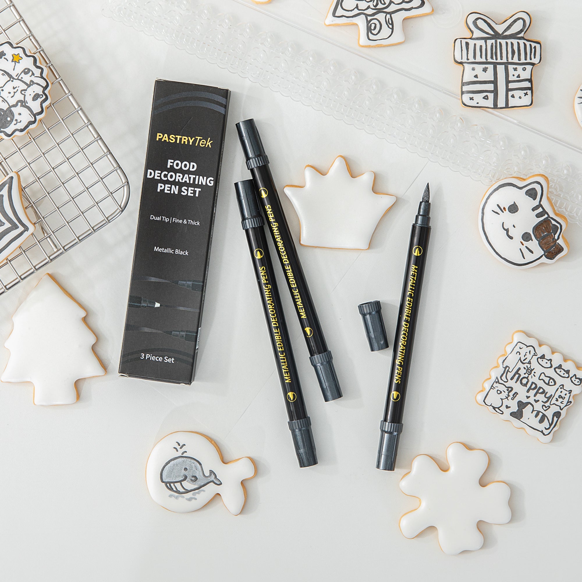 Pastry Tek Dual-Tip Metallic 3 Black Food Decorating Pen Set - 1 count box