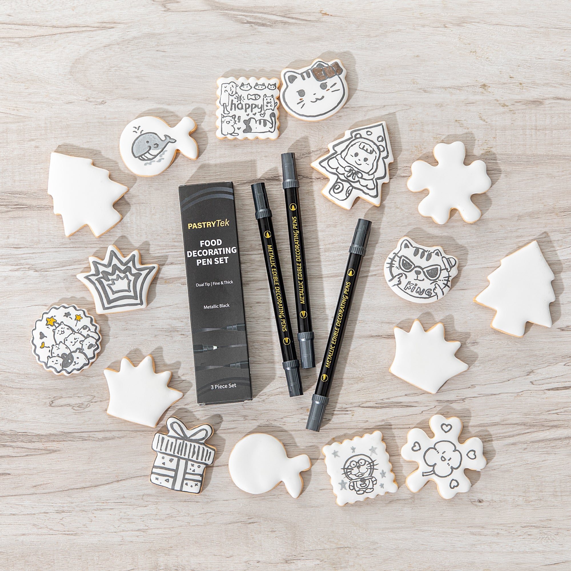 Pastry Tek Dual-Tip Metallic 3 Black Food Decorating Pen Set - 1 count box