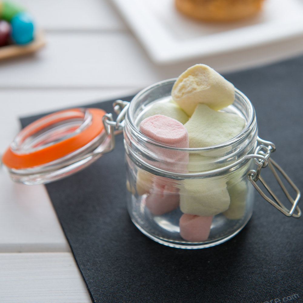 Vetri 3 oz Round Glass Wide Nostalgic Mason Jar - with Clamp Lid - 2 1/2" x 2 1/2" x 2 3/4" - 10 count box