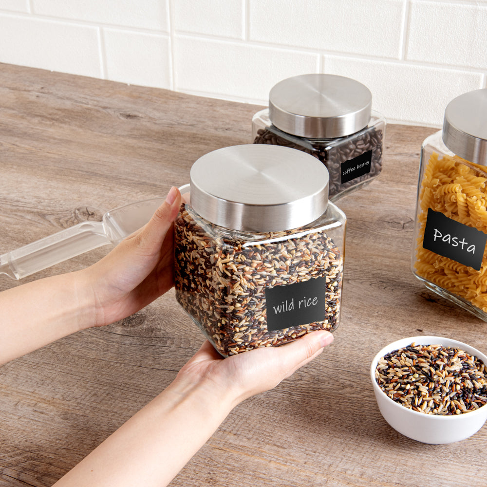 Vetri 46 oz Glass Storage Jar - with Lid, Chalkboard Label - 3 1/2" x 3 1/2" x 5 3/4" - 1 count box