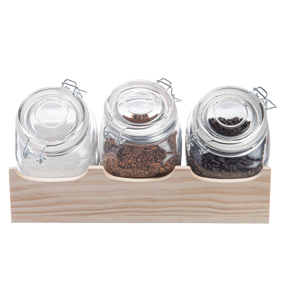 Vetri Glass 3-Piece Storage Jar Set - with Wood Holder - 1 count box