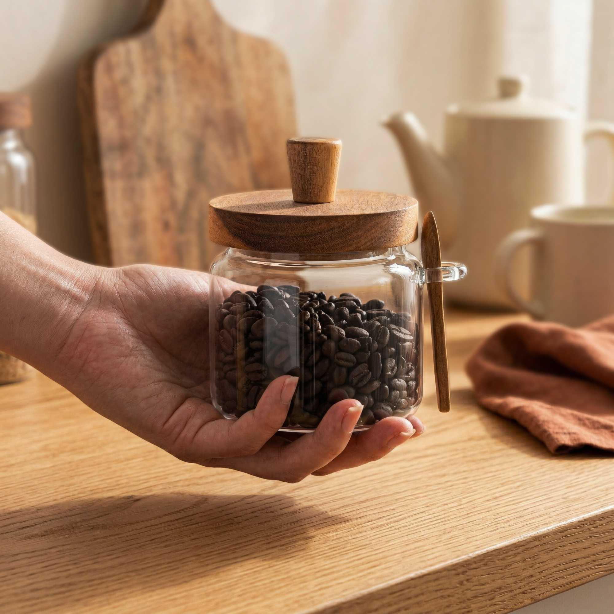 Vetri 17 oz Glass Storage Jar - with Acacia Lid and Spoon - 3 1/4" x 3 1/4" x 5" - 1 count box