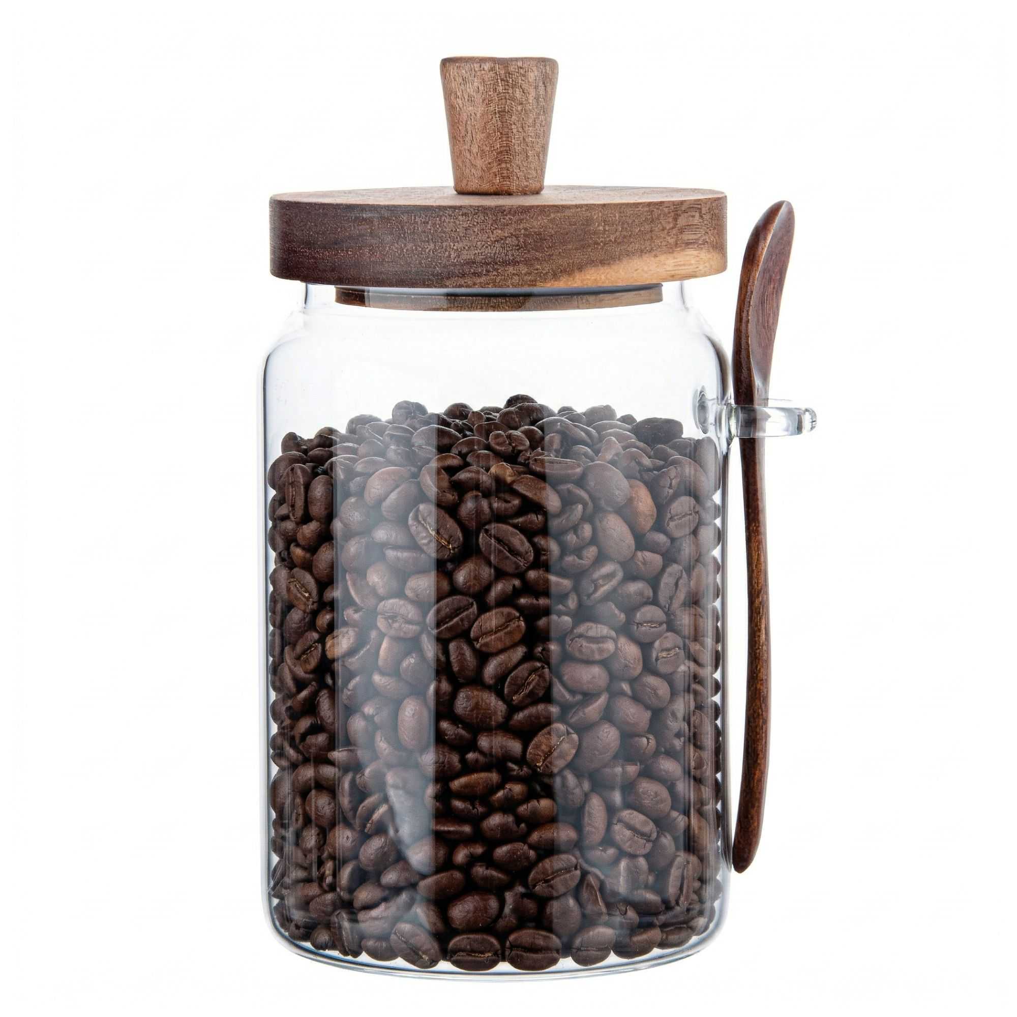 Vetri 29 oz Glass Storage Jar - with Acacia Lid and Spoon - 3 1/4" x 3 1/4" x 7 1/2" - 1 count box