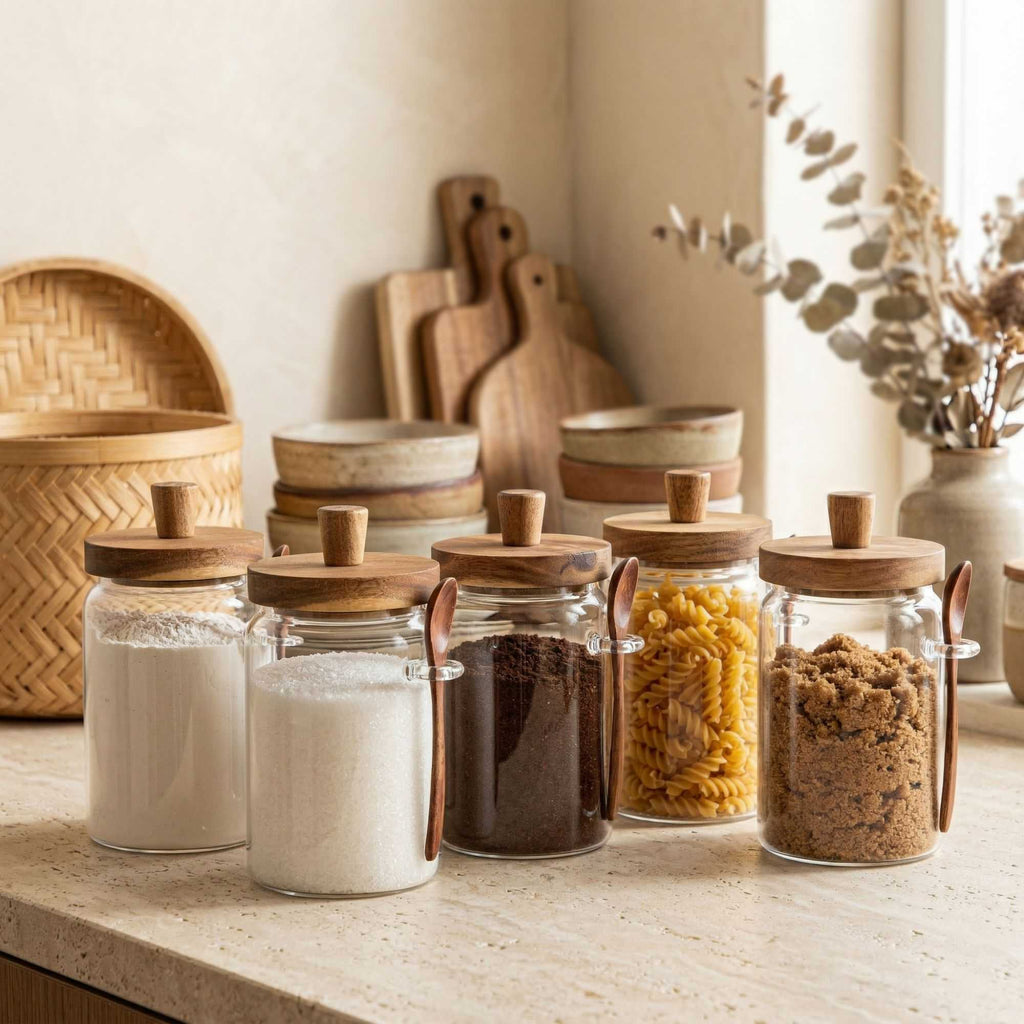 Vetri 29 oz Glass Storage Jar - with Acacia Lid and Spoon - 3 1/4" x 3 1/4" x 7 1/2" - 1 count box