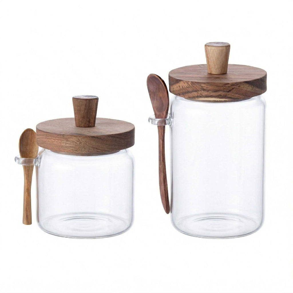 Vetri Glass 2-Piece Storage Jar Set - 17 oz and 27 oz, with Acacia Lid and Spoon - 1 count box