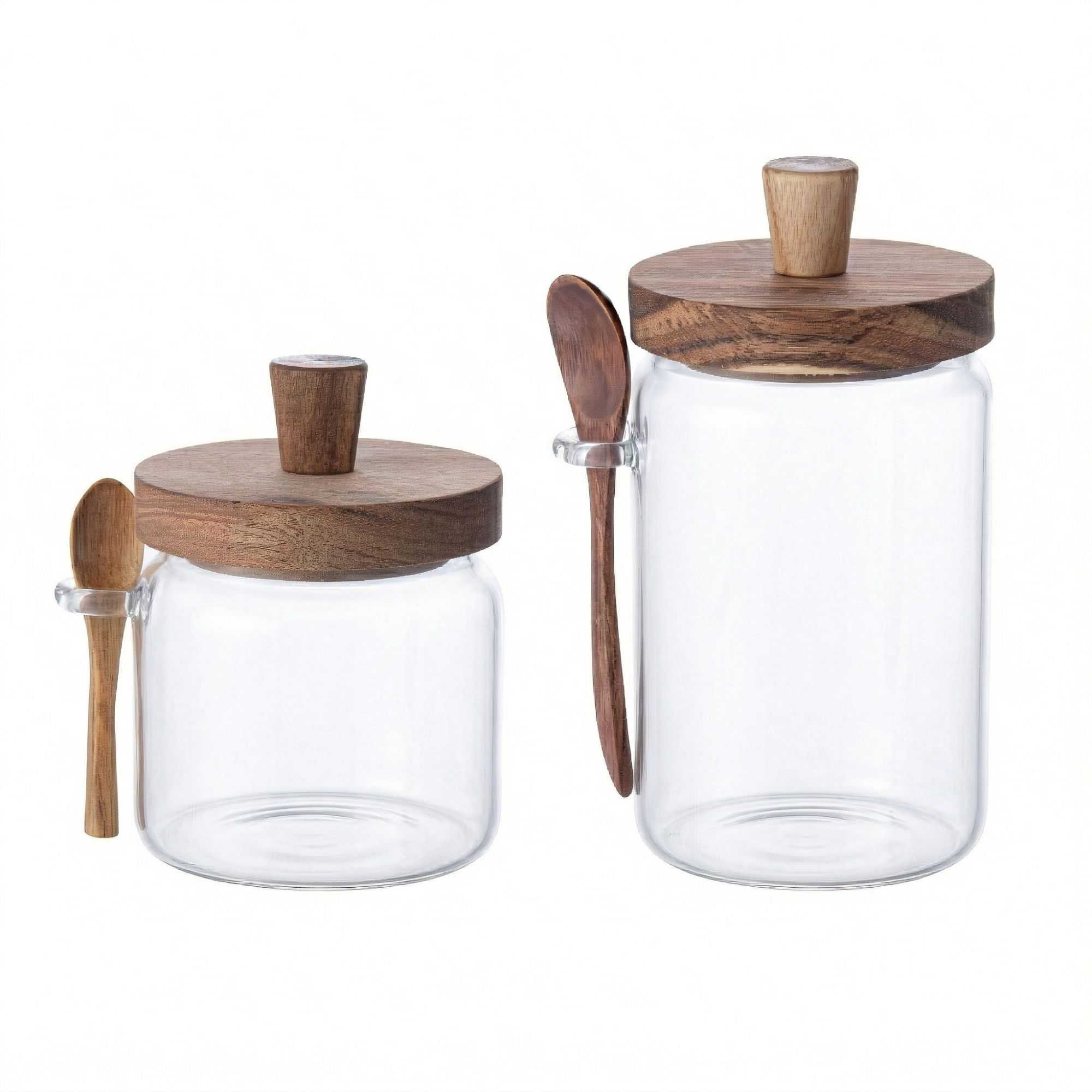 Vetri Glass 2-Piece Storage Jar Set - 17 oz and 27 oz, with Acacia Lid and Spoon - 1 count box