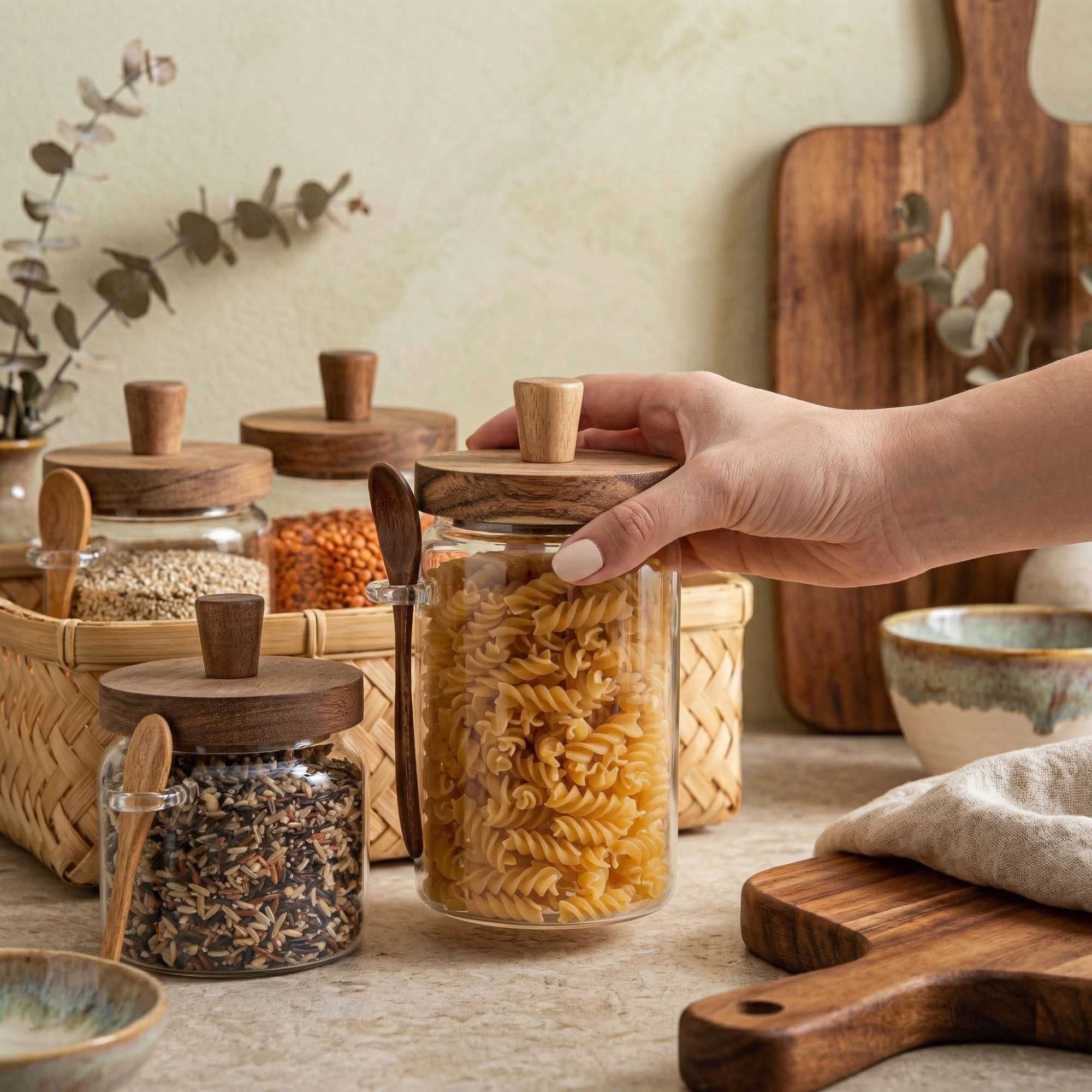Vetri Glass 2-Piece Storage Jar Set - 17 oz and 27 oz, with Acacia Lid and Spoon - 1 count box