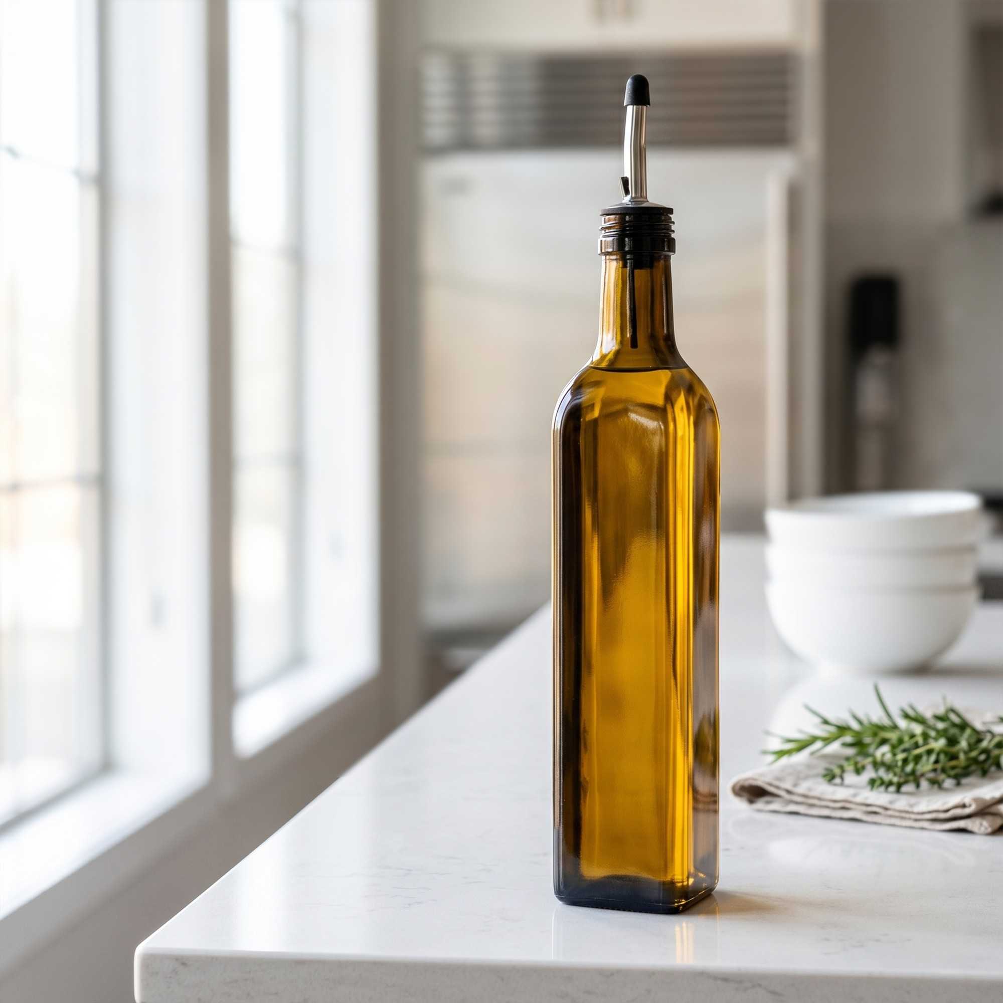 Chef 101 17 oz Amber Glass Olive Oil Dispenser - with Stainless Steel Pourers, Funnel Kit - 3 1/4" x 3 1/4" x 12 1/4" - 1 count box