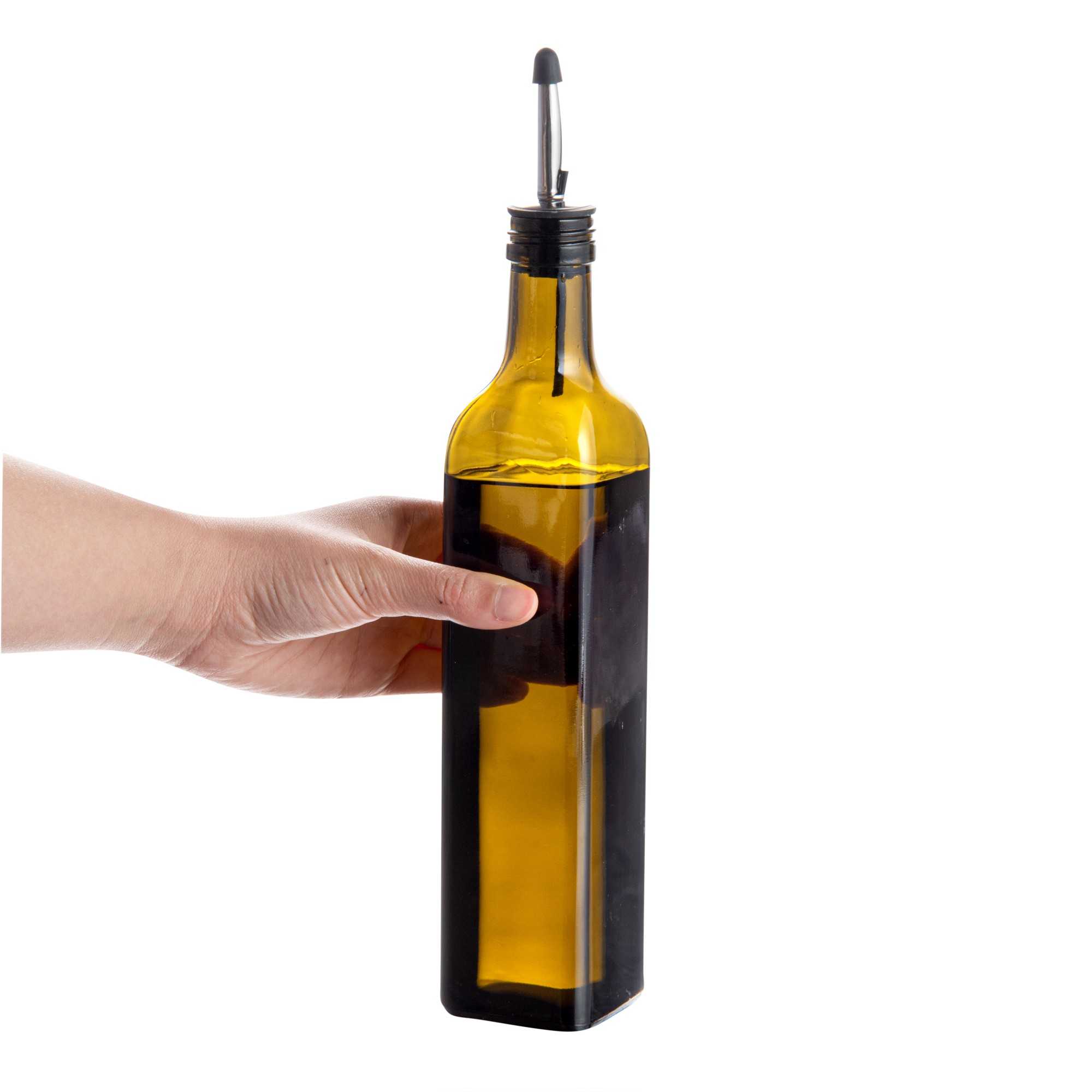 Chef 101 17 oz Amber Glass Olive Oil Dispenser - with Stainless Steel Pourers, Funnel Kit - 3 1/4" x 3 1/4" x 12 1/4" - 1 count box