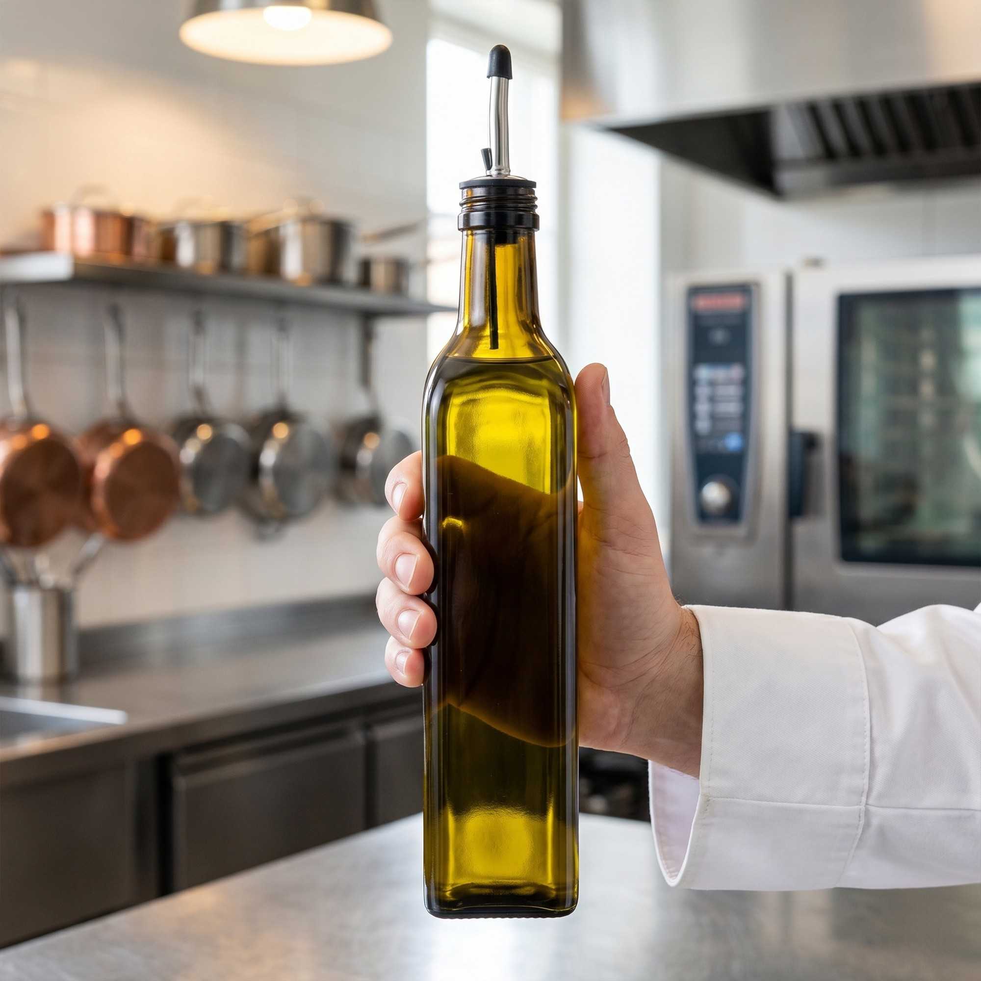 Chef 101 17 oz Amber Glass Olive Oil Dispenser - with Stainless Steel Pourers, Funnel Kit - 3 1/4" x 3 1/4" x 12 1/4" - 1 count box