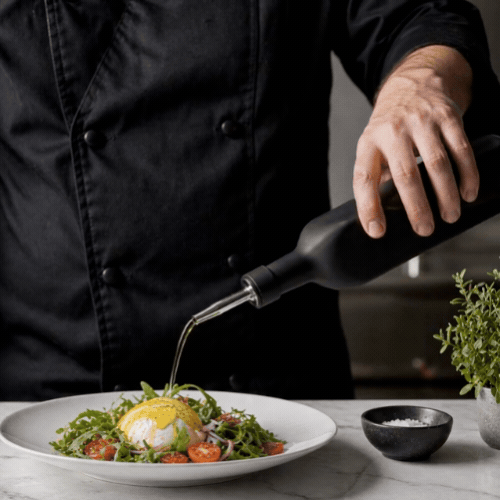 Chef 101 17 oz Black Glass Olive Oil Dispenser - with Stainless Steel Pourer, Funnel Kit - 2 1/4" x 2 1/4" x 12 1/2" - 1 count box
