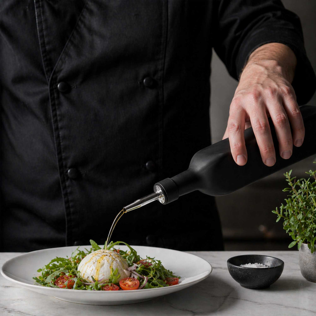 Chef 101 17 oz Black Glass Olive Oil Dispenser - with Stainless Steel Pourer, Funnel Kit - 2 1/4" x 2 1/4" x 12 1/2" - 1 count box