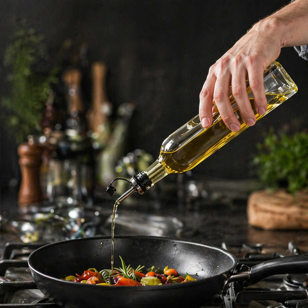 Chef 101 17 oz Glass Olive Oil Dispenser - with Stopper Spout, Funnel Kit - 2 1/4" x 2 1/4" x 12 1/2" - 1 count box