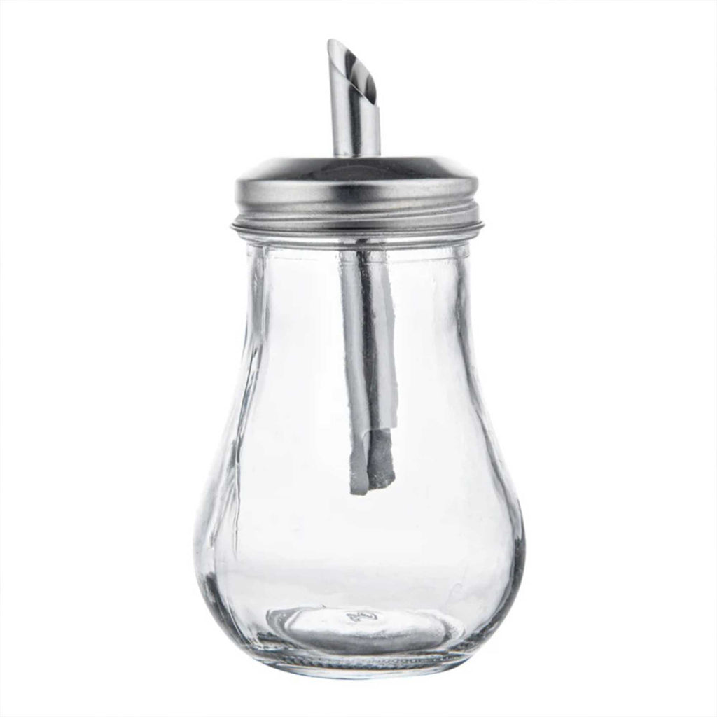 Chef 101 6 oz Glass Sauce / Sugar Pourer - with Spout Lid - 2 3/4" x 2 3/4" x 5 1/4" - 1 count box