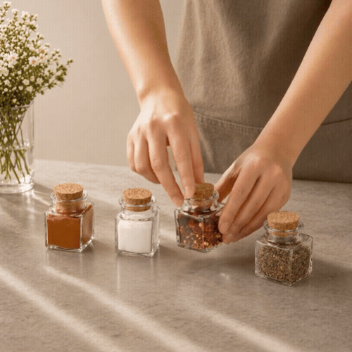 Chef 101 2 oz Square Clear Glass Herb Storage Jar - with Cork Lid - 1 1/2" x 1 1/2" x 2" - 10 count box