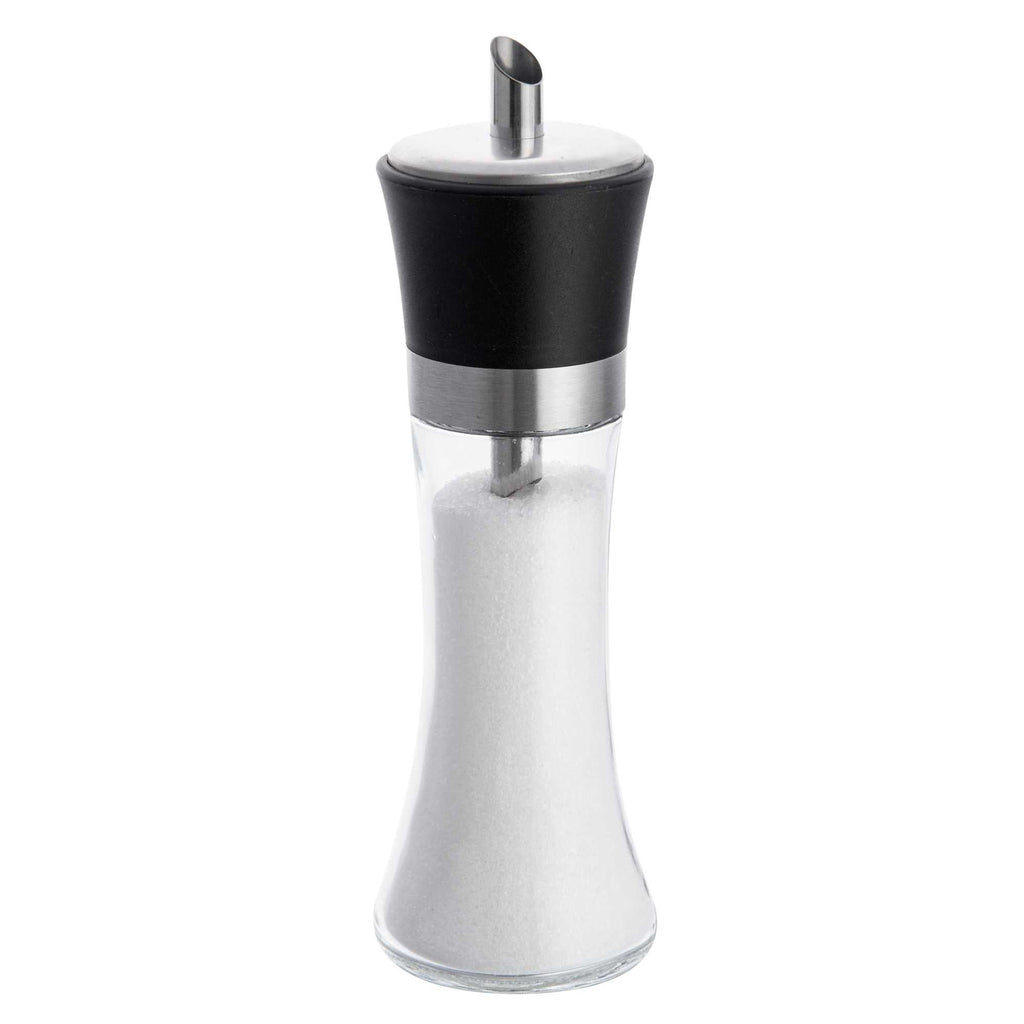 Vetri 6 oz Glass Sugar Dispenser - with Pouring Spout, Black Lid - 1 3/4" x 1 3/4" x 5 3/4" - 1 count box