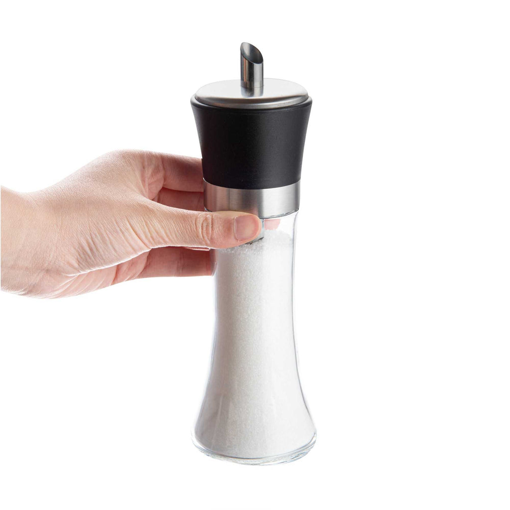 Vetri 6 oz Glass Sugar Dispenser - with Pouring Spout, Black Lid - 1 3/4" x 1 3/4" x 5 3/4" - 1 count box