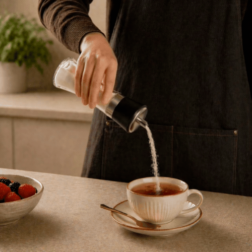 Vetri 6 oz Glass Sugar Dispenser - with Pouring Spout, Black Lid - 1 3/4" x 1 3/4" x 5 3/4" - 1 count box