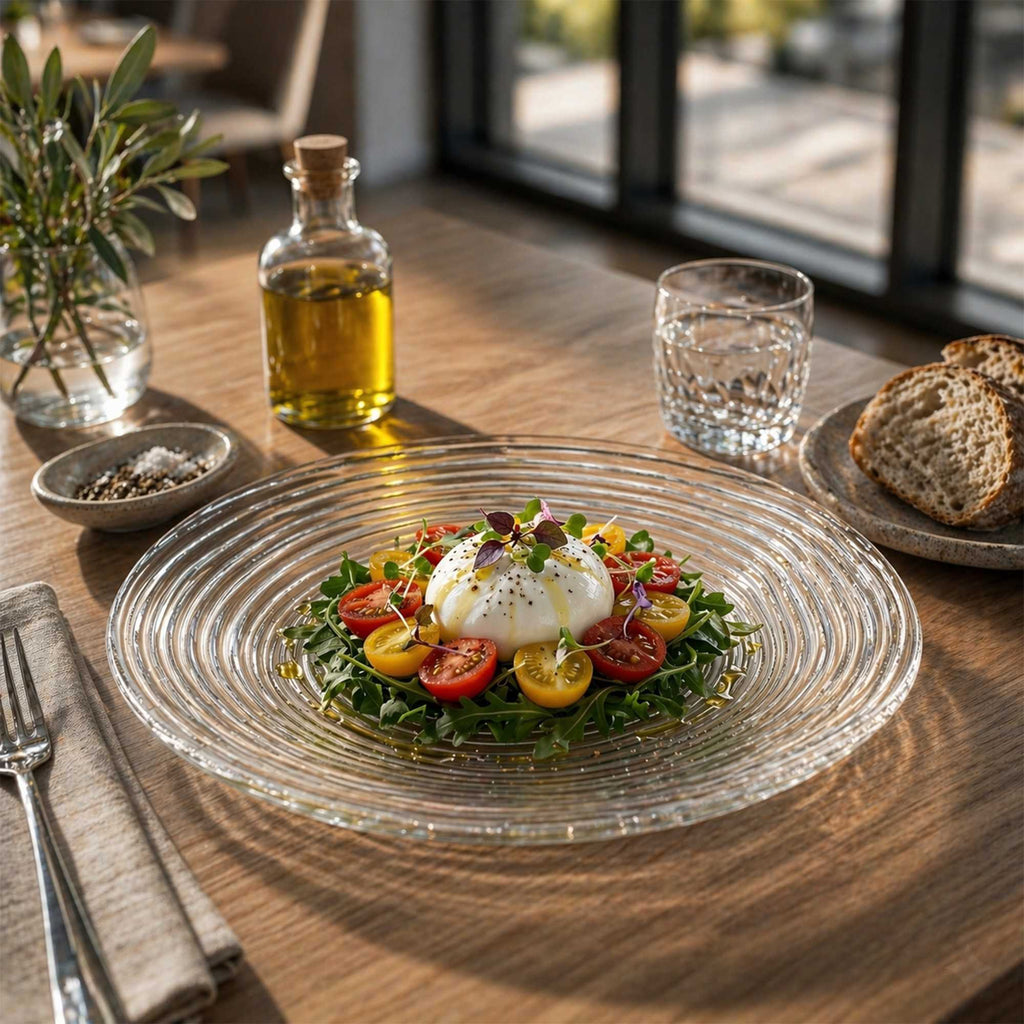Vetri Round Clear Glass Swirl Plate - 9 1/2" x 9 1/2" x 3/4" - 6 count box