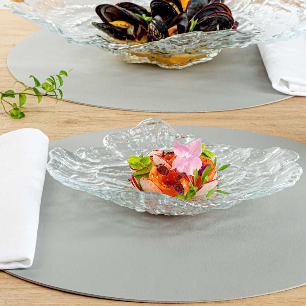 Vetri Abstract Clear Glass Seashell Serving Plate - 8 3/4" x 6 3/4" x 1 3/4" - 6 count box