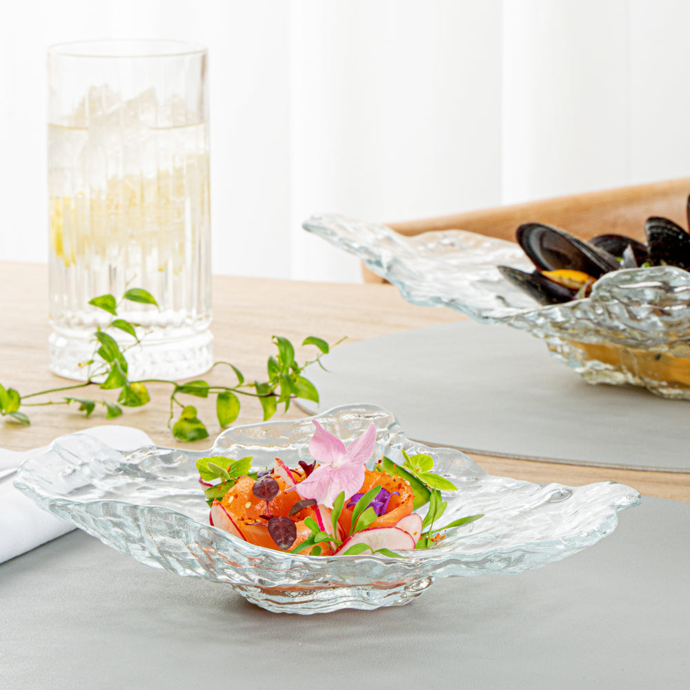 Vetri Abstract Clear Glass Seashell Serving Plate - 8 3/4" x 6 3/4" x 1 3/4" - 6 count box