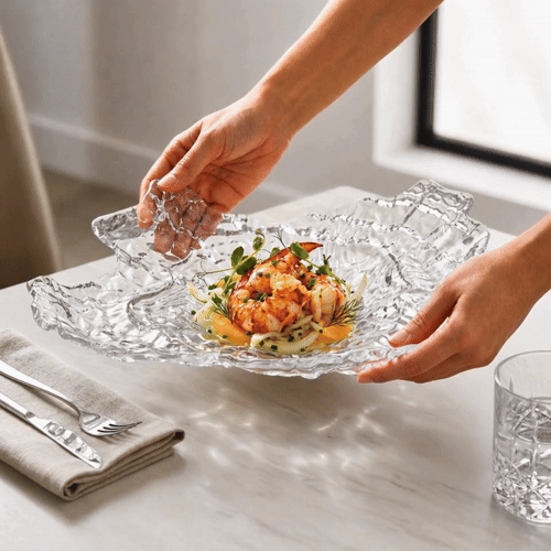 Vetri Abstract Clear Glass Seashell Serving Plate - 15" x 11 1/2" x 2 3/4" - 6 count box