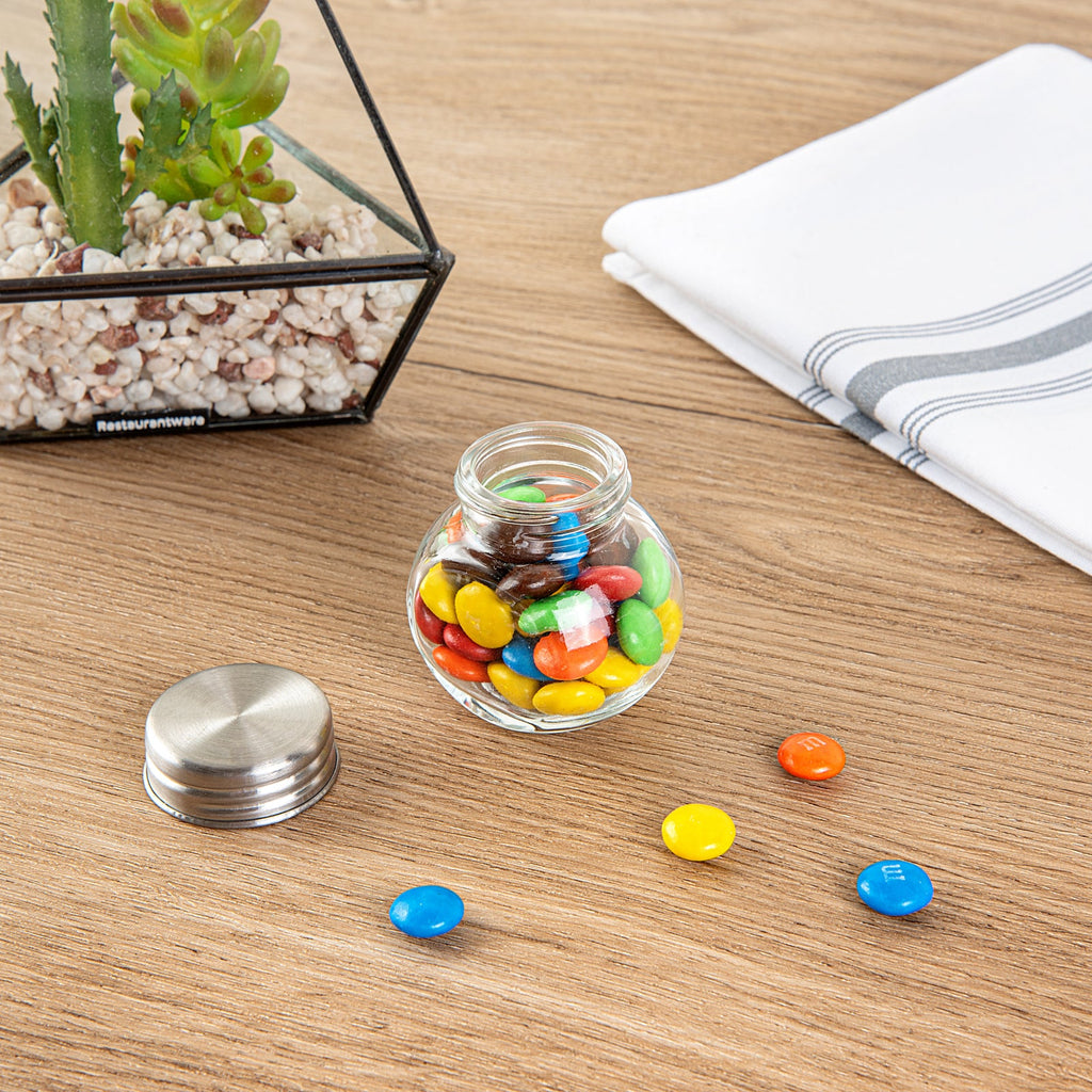 Vetri 2 oz Glass Mini Favor Jar - with Chrome Lid - 2 1/4" x 1 1/2" x 2 1/4" - 10 count box