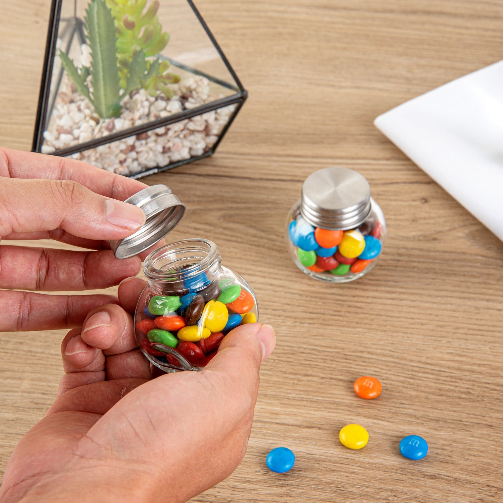 Vetri 2 oz Glass Mini Favor Jar - with Chrome Lid - 2 1/4" x 1 1/2" x 2 1/4" - 100 count box