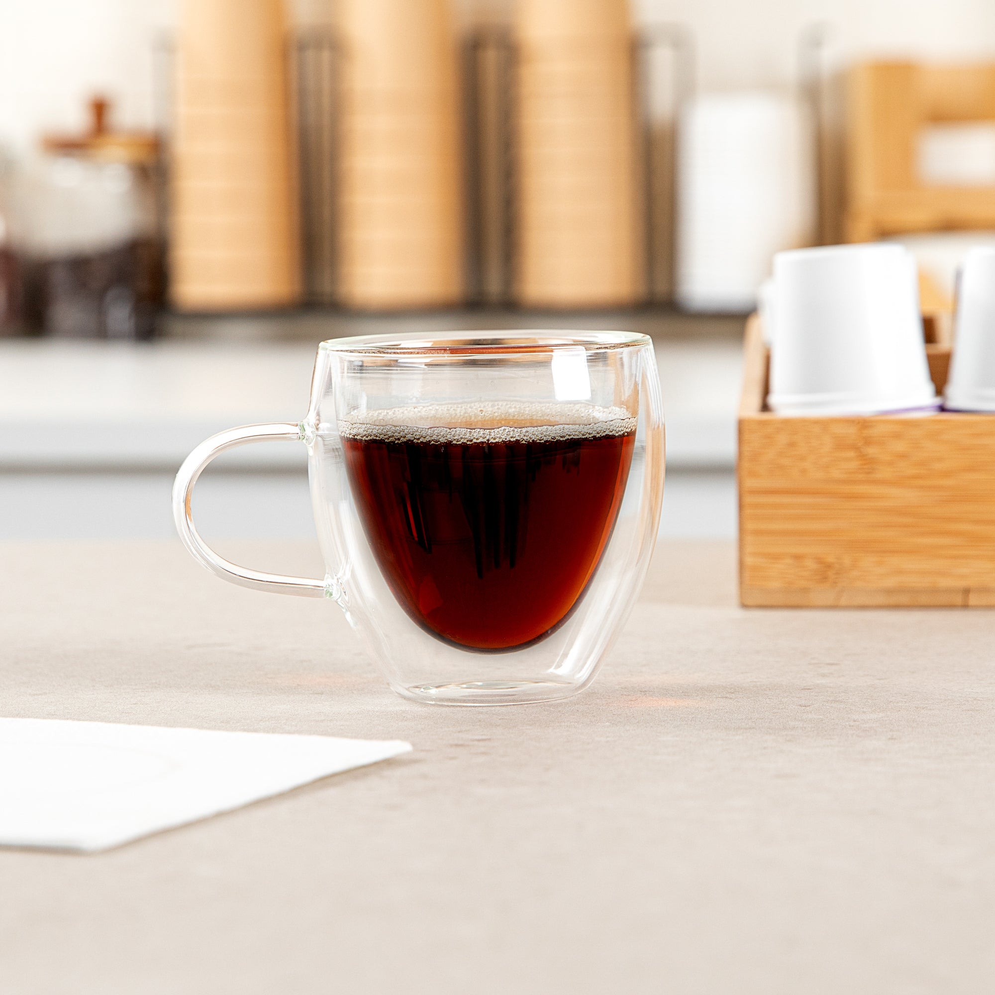 Forma Professional 5 oz Glass Coffee Cup - Double Wall, Borosilicate, with Handle - 2 1/2'' x 2 1/2'' x 3 1/4'' - 2 count box