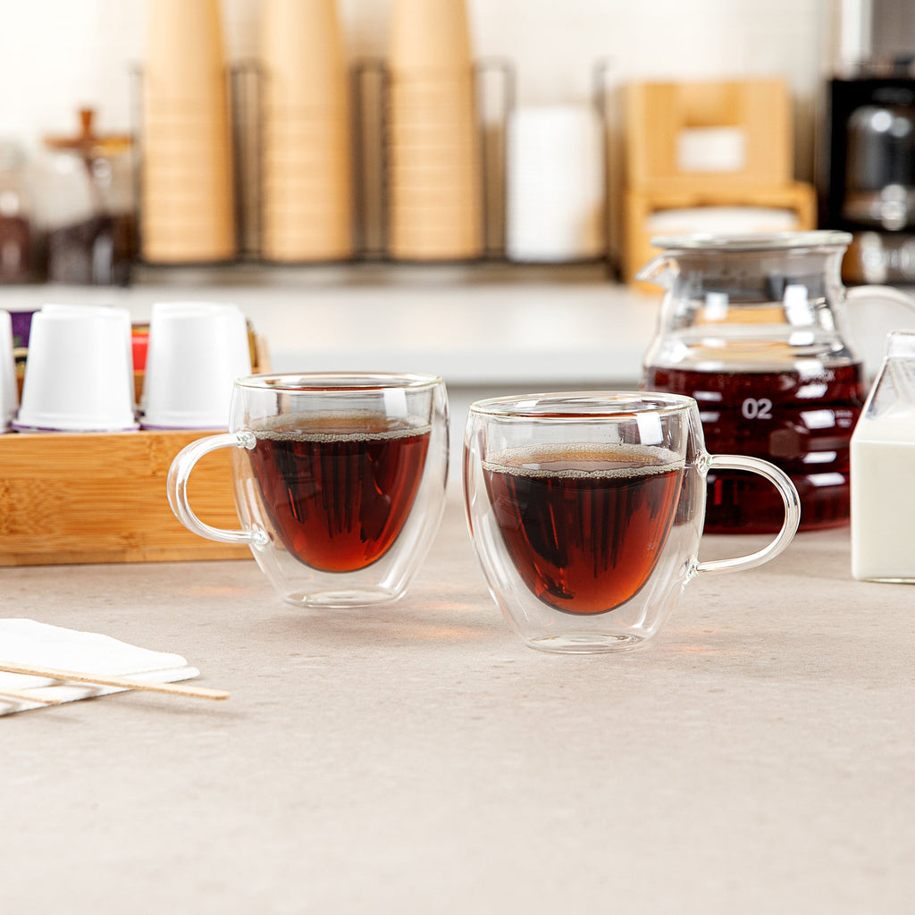 Forma Professional 5 oz Glass Coffee Cup - Double Wall, Borosilicate, with Handle - 2 1/2'' x 2 1/2'' x 3 1/4'' - 2 count box