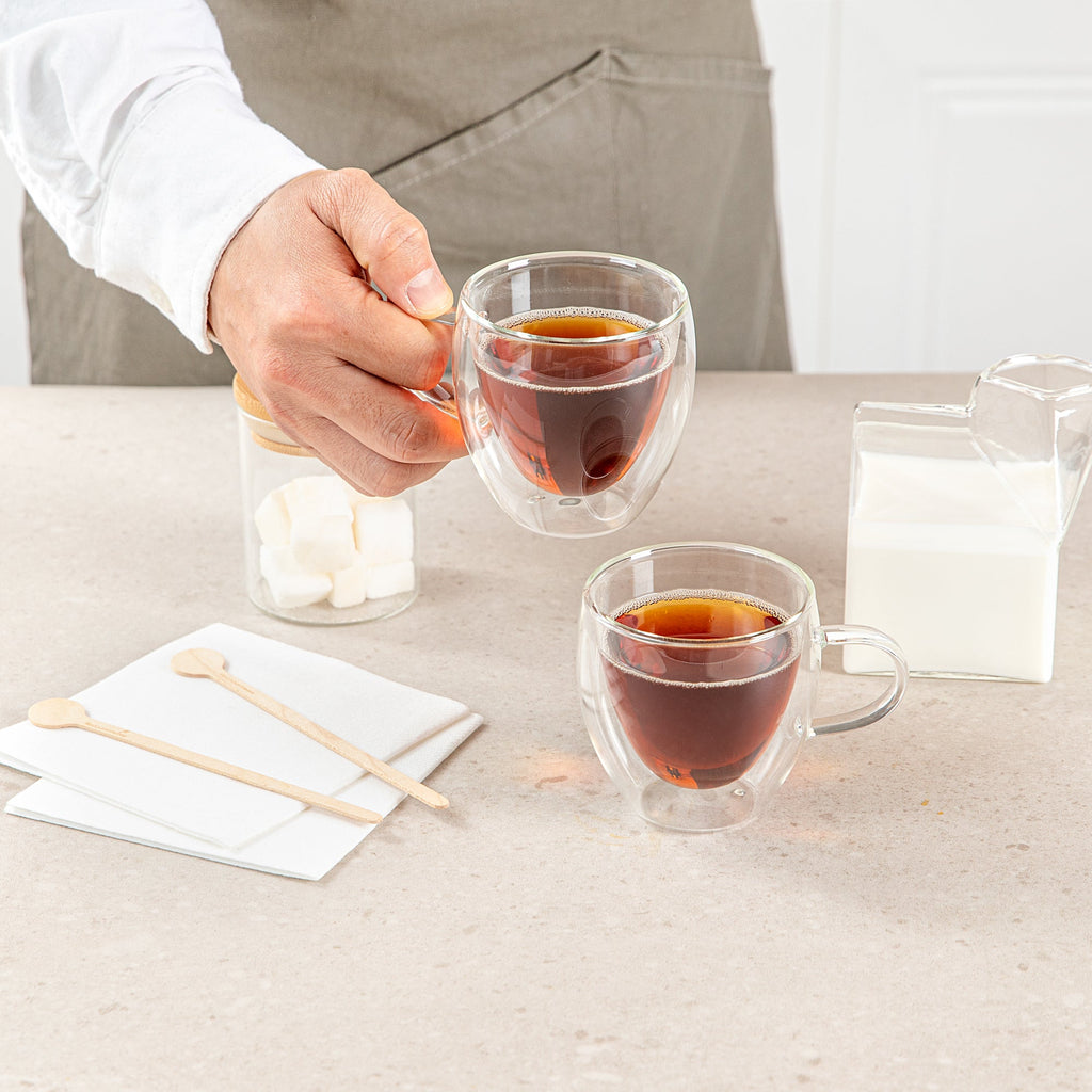Forma Professional 5 oz Glass Coffee Cup - Double Wall, Borosilicate, with Handle - 2 1/2'' x 2 1/2'' x 3 1/4'' - 12 count box