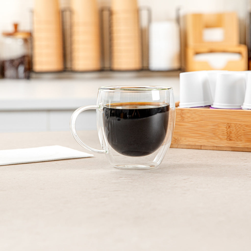 Forma Professional 8 oz Glass Coffee Cup - Double Wall, Borosilicate, with Handle - 3'' x 3'' x 3 1/2'' - 2 count box
