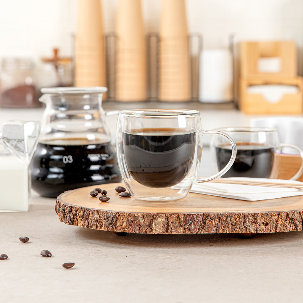 Forma Professional 8 oz Glass Coffee Cup - Double Wall, Borosilicate, with Handle - 3'' x 3'' x 3 1/2'' - 2 count box