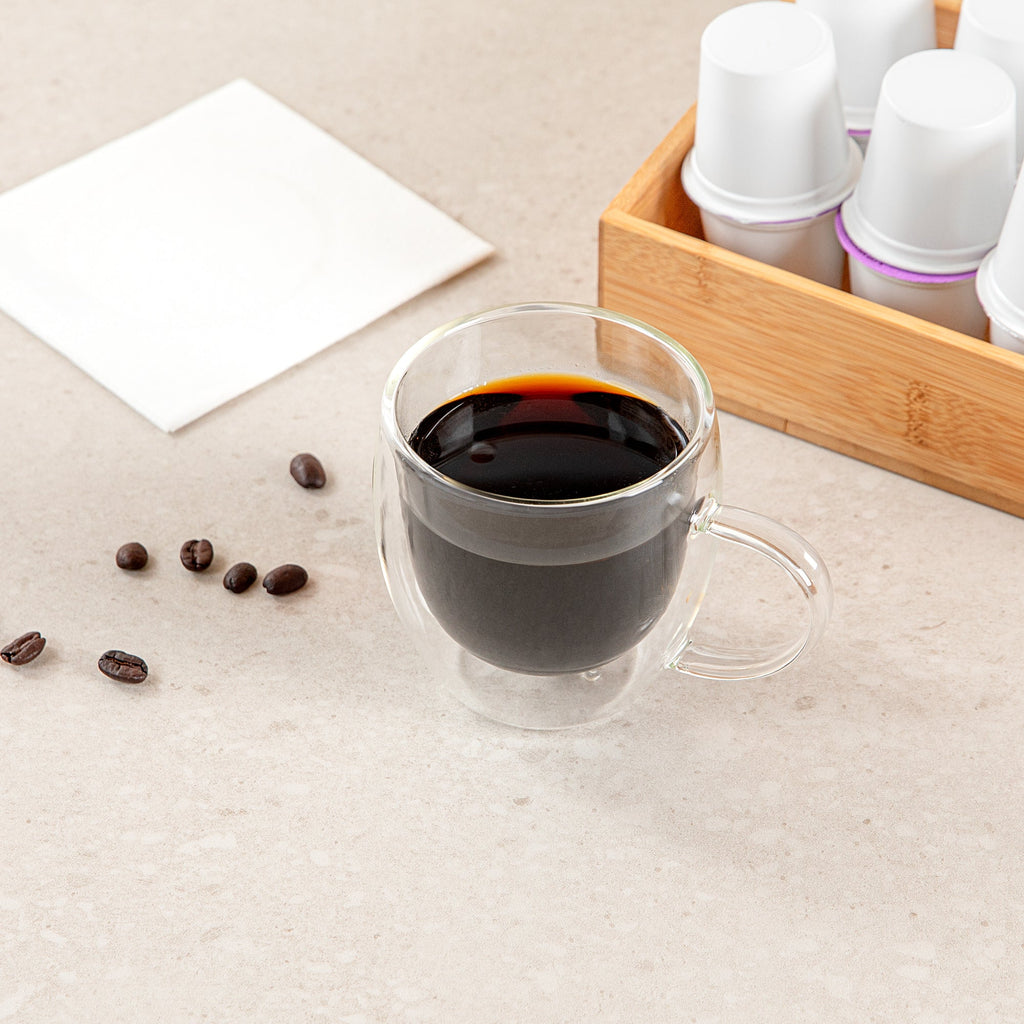 Forma Professional 8 oz Glass Coffee Cup - Double Wall, Borosilicate, with Handle - 3'' x 3'' x 3 1/2'' - 12 count box