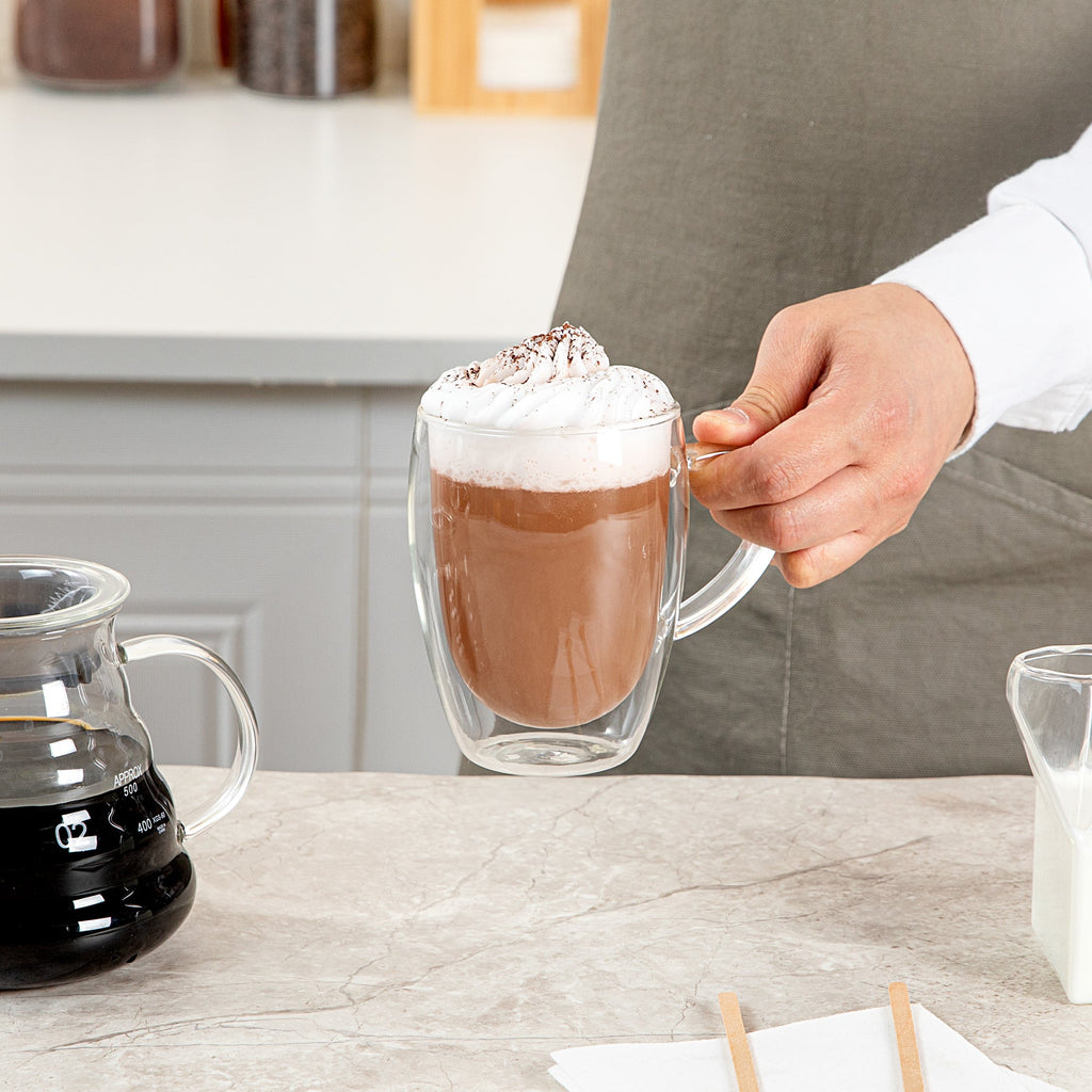 Forma Professional 12 oz Glass Coffee Cup - Double Wall, Borosilicate, with Handle - 3'' x 3'' x 4 1/2'' - 2 count box