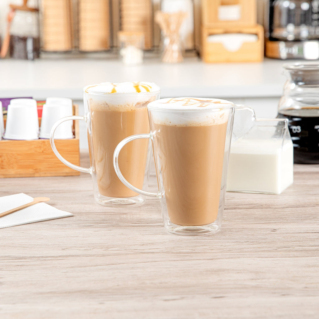 Forma Professional 14 oz Glass Mug - Double Wall, Borosilicate, with Handle - 3 3/4" x 3 3/4" x 5 1/2" - 2 count box